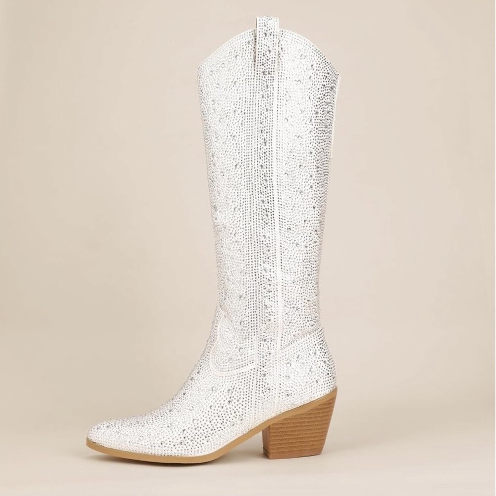 Women's White Rhinestone Cowboy Boot Knee High Western Cowgirl Boots Pointed Toe - Picture 5 of 6